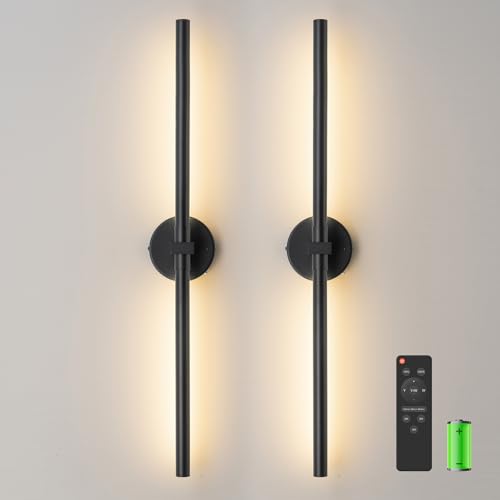 Image of 2025 New Black Wall Sconces Set of Two Battery Operated, 24 Inch Wireless Modern USB Rechargeable Wall Sconce Set of 2, 360 Rotable Remote LED Sconces Wall Light Decor , Dimmable 3 Color Temperature