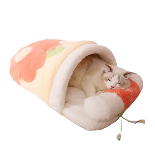 Kisigim 猫 布団、かわいいペットベッド、枕付きさくら猫寝袋、かわいい洞窟猫ベッド、心を落ち着かせる犬ベッド、6kg以下の猫と子犬用の柔らかく暖かい居心地の良いペット用品 桜寝袋 (ピンク)