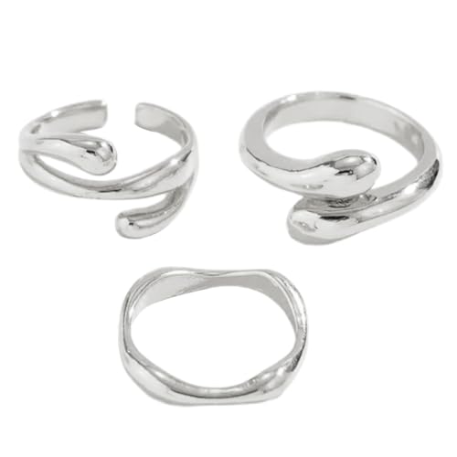 XAGMODSHN Juego de 3 innovadores anillos elegantes y flexibles en forma de lava líquida para entusiastas de la moda, Silver, Metal, Sin piedras preciosas