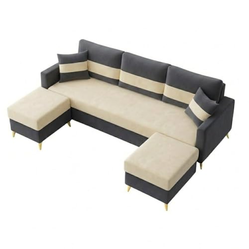 Image of SOCOZI Bastian 5 Seater L Shape Sofa Set with 2 Movable Ottomans | Flexible Layout| Soft Velvet Suede Fabric|Modern Sofa with Golden Legs | Plush Comfort Cushions for Living Room (Cream-Dark Gray)