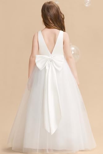 Satin Flower Girl Dress V-Back First Communion Girls Dresses White Maxi Ball Gown for Wedding Party with Bow-Knot4