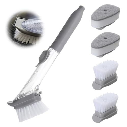 MisFun Juego de Cepillo Fregar Platos con 4 Cepillos de Repuesto Multifuncional, Cepillo Limpieza Hogar, Cepillo Limpieza Hogar con Dispensador de Jabon, para Limpieza de Ollas y Fregaderos