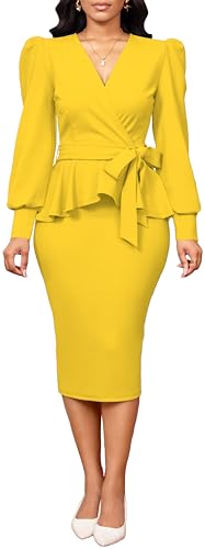 Image of Dresses for Women Elegant Long Sleeves Ruffles Pencil Knee Length Split Business Dress with Belt Zipper