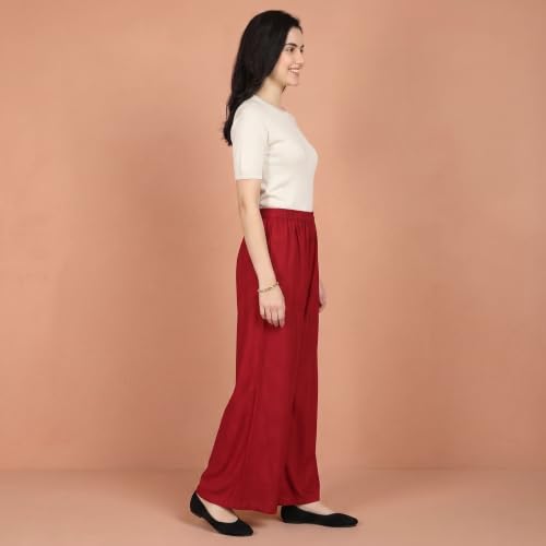 Image of FASHION GALLERY Women's Solid Rayon Palazzo Pants | Relaxed Fit Full Length Wide Leg Palazzo | Elastic Waist Comfortable Casual Lounge Office Ethnic Flared Trousers for Women