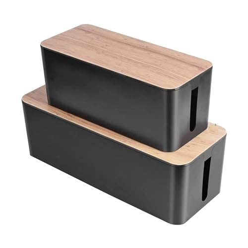 Sulfar Cable Management Box Set | Combo of XL and Large Extension Cord Organizer Boxes with Slotted Lids | Elegant Black Bamboo Design | 2 pcs