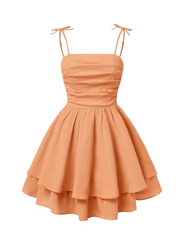 Image of SHENHE Girl's Smocked Ruched A Line Swing Dress Layered Tie Shoulder Flowy Cami Short Dress