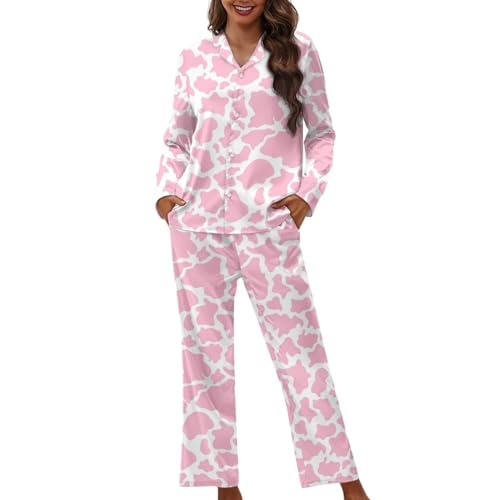 Pyjama femme manches longues pantalon imprimé vache rose XL