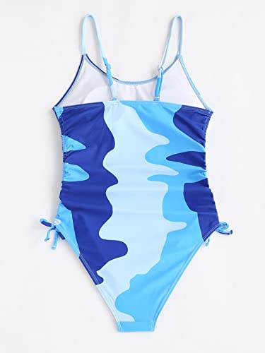 OYOANGLE Girl's Color Block Drawstring Side One Piece Swimsuit Spaghetti Strap Bathing Suit2