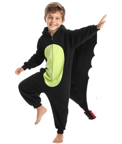 Laahoem Animal Black Dragon Pajamas Kids Unisex Cosplay Costume Teenager Zipper Hooded Jumpsuit Sleepwear S