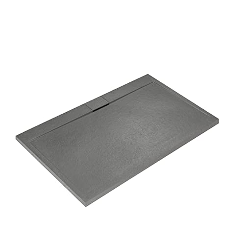 Ideal Standard - Ultra Flat S i.life, Plato de ducha rectangular 200x120 de resina, desagüe lateral largo, acabado mate efecto piedra, gris cemento