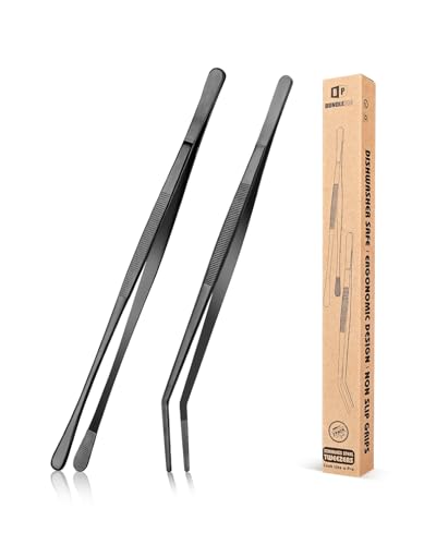 Juego de 2 Pinzas de Cocina Profesionales, Pinzas Finas de Acero Inoxidable para Reparar Comida, Mariscos Y Barbacoa（Negro）