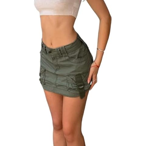 Womens Y2k Mini Denim Skirt Low Waisted Bodycon Short Pencil Jeans Skirts with Pockets 90s Streetwear (Cargo-Army Green, Small) Cover