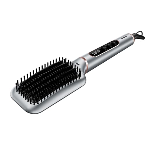 Hair Straightener Brush with Tourmaline Ceramic Coating, Triple Bristle, Thermo-Protect Technology,130-210℃ Versatile Styling, Large Paddle Brush, Frizz Free & Shiny Hair, Silver (Silver)