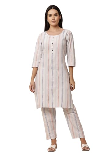Image of Women Cotton Blend Kurti Pant Set for Women Ethnic Printed Straight Kurta with Pants Co Ord Set Casual Office Wear Traditional Kurta Set Blue 3 /4 Sleeve Round Neck