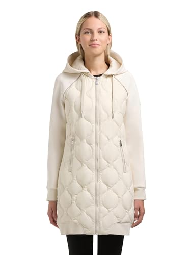 khujo Damen Leichter Übergangsmantel lange Steppjacke aus einem angesagten Materialmix mit super kuscheligen Ärmeln und (abnehmbarer) Kapuze Nora Offwhite Gr. S
