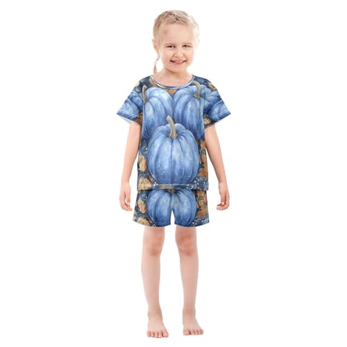 Pajama Sets Short Sleeve Blue Pumpkins with Autumn Leaves Soft Cotton Summer Sleepwear 2 Piece PJS Size 5-14T4