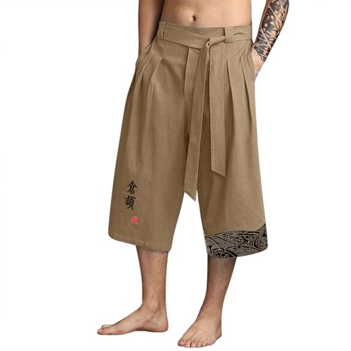 Pantalon Japonais Homme 3/4 Baggy Pantalon Court pour Hommes en Lin Vêtements Asiatiques Kimonos Traditionnels Japonais avec Cordon de Serrage Pantacourt...