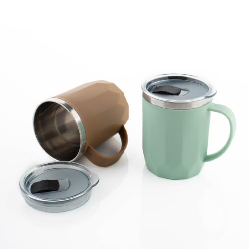 Image of MAGIC SPOON Stainless Steel Travel Coffee Mug with Sipper Lid & Handle, Insulated Tea Cup, BPA-Free Double Wall Tumbler for Hot-Cold Beverages, Office, Home, Car- PISTA-BROWN, (Combo Pack (400ml X 2))