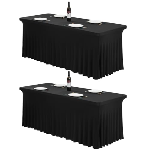 Paquete de 2 Faldas de Mesa de Elastano Negro de 6 pies, Mantel elástico con faldón, fácil de Instalar, Resistente a Las Arrugas, Falda de Mesa elástica para Bodas, Fiestas, Banquetes, ferias