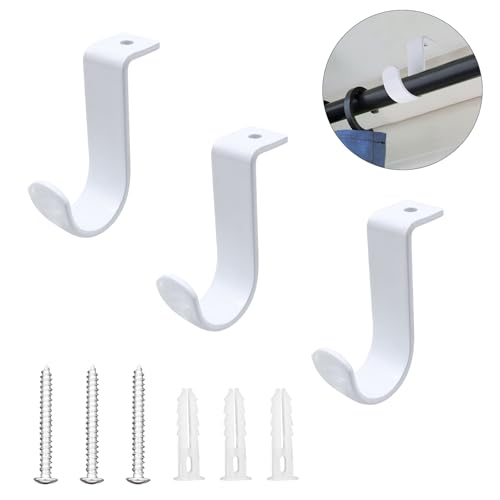 Shonmogar Ceiling Curtain Rod Brackets 3 Pack Metal Holders with Screws, Ceiling Mount Brackets for 1 Inch Rod, Sturdy Hooks for Bedroom Living Room Office, White