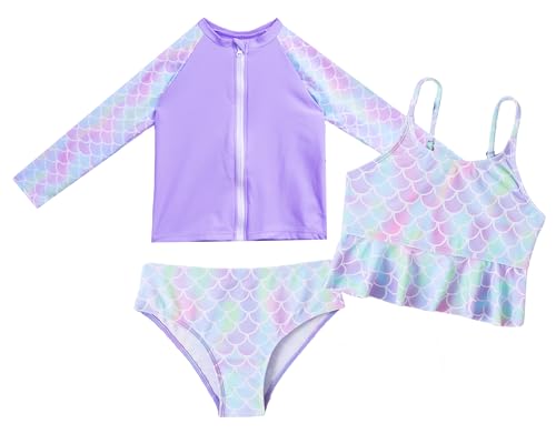 Happy Cherry - Niña Tankini Traje de Baño de Verano Infantil Niñas Bañador para Playa Surf 3 Piezas Conjunto de Natación con Camisa de Mangas Largas Bikini Braguitas - 4-5 Años - Morado