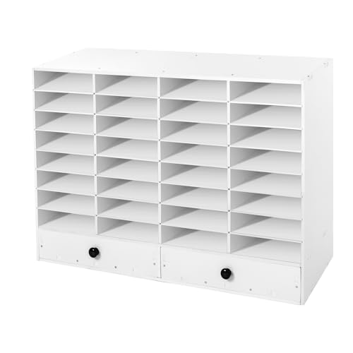 BYGOVICE File Organizer Paper Sorter, Adjustable Shelves Office Desk Organizer, 32 Compartment Literature Organizer Construction Paper Storage Organizer, Classroom Mailbox with 2 Drawers