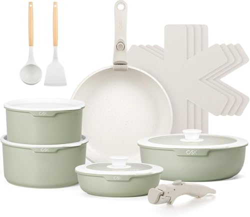KOCH SYSTEME CS 17 PCS Pots and Pans Set, Nonstick Cookware Set Detachable Handle, Induction Kitchen Cookware Sets Non Stick with Removable Handle, RV cookware set, Green