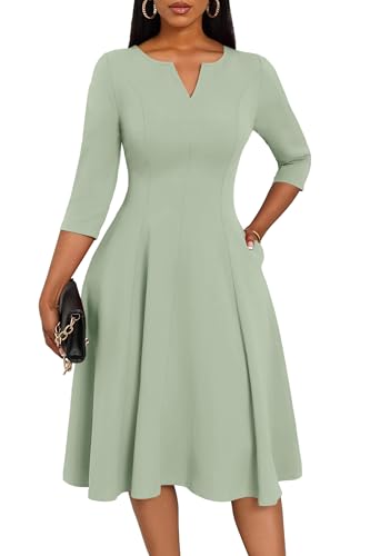Image of Nmoder Midi Dresses for Women A-Line Fit and Flare Dress 3 /4 Sleeve V Neck Cocktail Wedding Guest Work Dress with Pockets