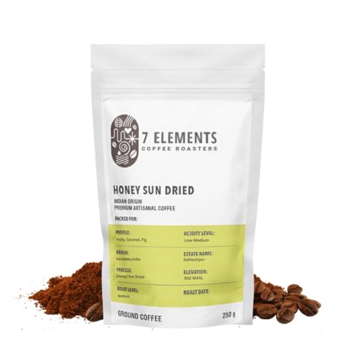 Image of 7 Elements Coffee Roasters Honey Sun Dried Ground Coffee - 250 g (Pack of 1) | Medium Roast (Pour-over Grind) | 100% Arabica Freshly Roasted Coffee Grounds | AA Grade | Rich Flavorful Coffee