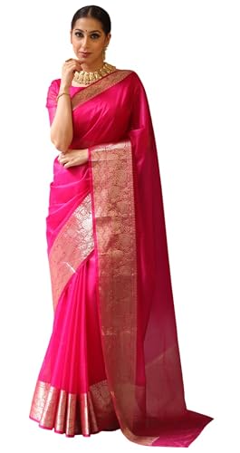 TRAFAART Sari Indien En Organza Pour Femme, Sari À Bordure Traditionnelle Avec Chemisier Non Cousu - Rose
