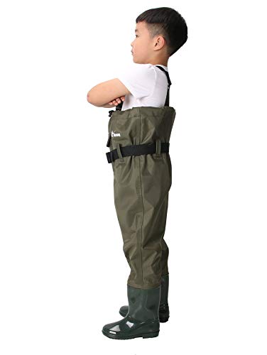 Ouzong Chest Waders for Kids, Lightweight Cleated Nylon and PVC Fishing Bootfoot Chest Waders for Boy and Girl, Army Green Waterproof Chest Waders for Children