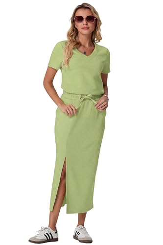 Image of GRECERELLE Women Summer Casual 2 Piece Sets V-Neck Wrinkle-Free Top & Elastic Waist Midi Side Slit Skirt with Pockets