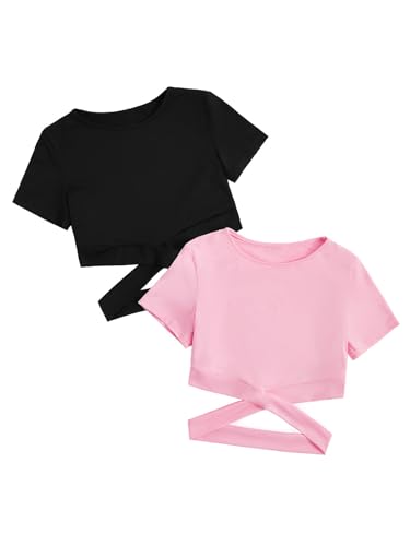 Image of Milumia Girl's 2 Piece Cut Out Crisscross Crop Tops Short Sleeve Tee Shirts | Dance Tops, Casual Top, Round Neck, Campus Outfit, Summer Top, T Shirts