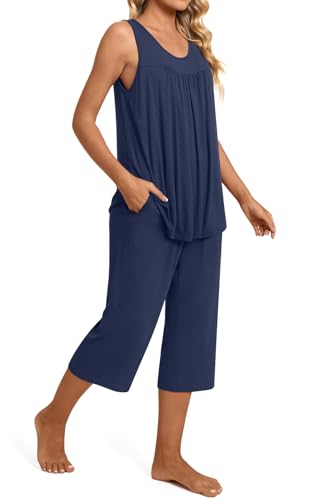 Image of TAOHUADAO Womens Summer 2 Piece Pajama Sets, Sleeveless Tops with Capri Pants, Lounge Ladies Pjs Sets with Pockets