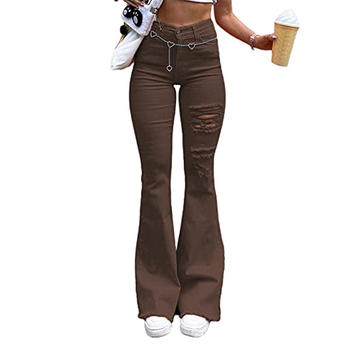 Mericiny Women Girls Bell Bottom Jeans High Waist Ripped Jeans Y2k Denim Pants Trousers Streetwear(Brown 1,Small)