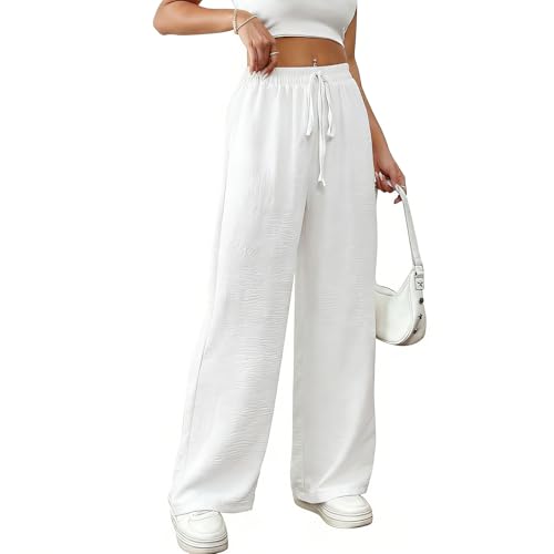 Risipu Women Linen Trousers Summer Thin Wide Leg Trousers High Waisted Breathable Palazzo Casual Cotton Pants with Side Pocket (M White)