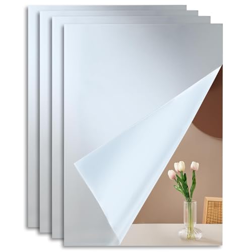 Kievano Set 4 Espejos Adhesivos Acrílicos 30×20 cm, Baldosas de Espejo Flexibles y Seguras para Pared, Puerta, Baño, Dormitorio, Decoración DIY Fácil y Sin Perforación