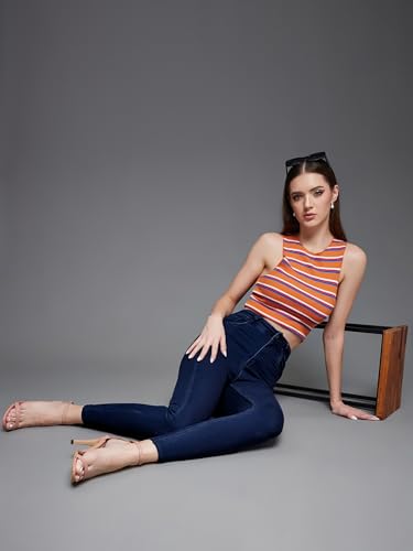 Image of Miss Chase Women's Skinny High Rise Cropped Fringed Hemline Detailing Stretchable Denim Jeans