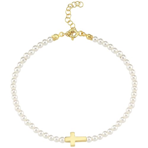 18K Gold Vermeil Cross Pearl Bracelet for Women, Dainty Beaded Religious Jewelry, Adjustable Faith Bracelet Gift for Her