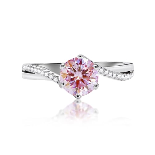 925 Sterling Silver 6-Prong Petite Twisted Vine 1 Carat Round D Color/Pink Moissanite Ladies Engagement Wedding Promise Bridal Ring