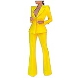 Womens Premium Formal Suit Sets Aesthetic Business Work Blazer Sets Slim Fit Suit Top Straight Leg Flare Bootleg Pant Yellow