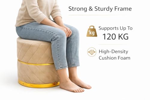 Image of Premium Velvet Puffy Ottoman Stool for Living Room | Round Footrest with Diagonal Channel Stitching & Gold Metal Base | Luxury Pouffe for Bedroom & Dressing Area