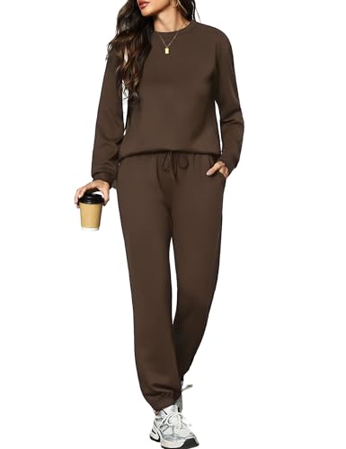 Aottori Conjunto Deportivo Mujer 2 Piezas Chándal Camiseta Manga Larga Cuello Redondo Pantalón Deportivo Cintura Elástica Ropa Deportiva Casual Yoga Marrón XL