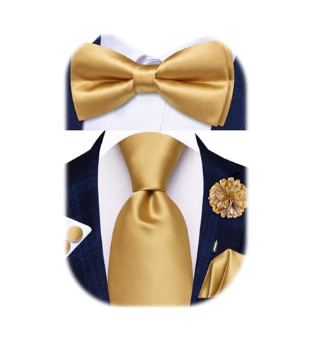 Image of Hi-Tie 5Pcs Mens Solid Color Silk Tie Satin Pretied Bowtie Lapel Pin for Men Handkerchief Cufflink Wedding Gift Box