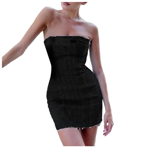 Robe d'été en denim style bustier tube moulant avec dos nu plongeant esprit urbain