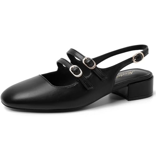 Image of Mostrin Mary Jane Shoes Women Slingback Chunky Low Heels for Women Closed Rounded Toe Ankle Strap Pumps Daily Wedding Party Dress Shoes