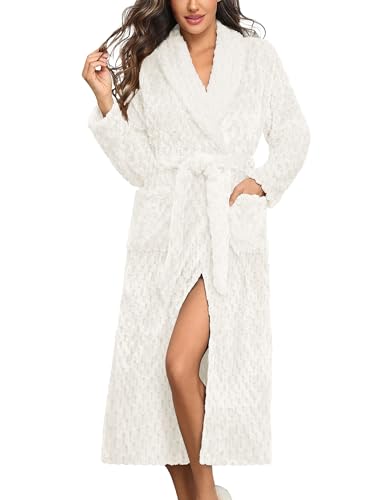 Ekouaer Women's Plush Robe Mid Length Fleece Bathrobe Lapel Female
