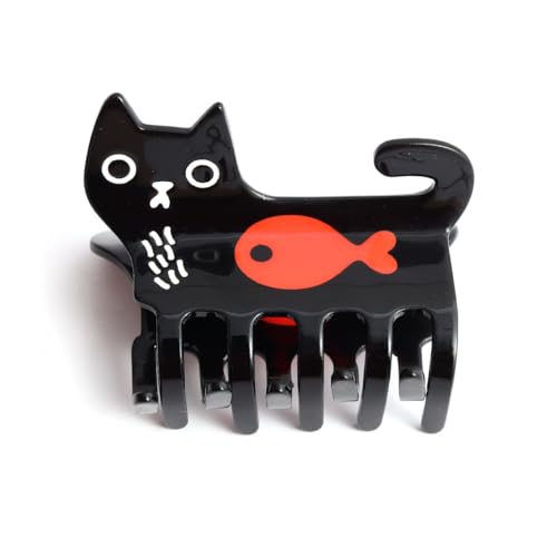 Cat Hair Claw Clips for Women Girls Cute Big Hairpins,Black Cat with Red Fish Splicing Personalised Hair Claw Kawaii Funny Cat Style Medium Clips for Thin Hair, Animal Hair Accessories Gift
