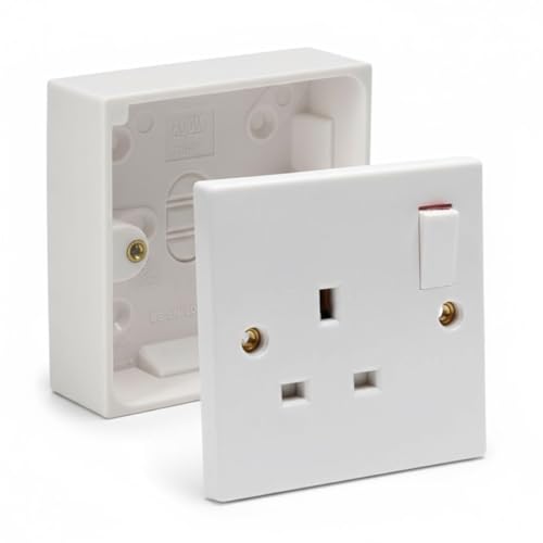 Single Switched Socket 1Gang 13Amps White Electrical Outlet - Compatible with Single 25/35/45mm Pattress Back Box Surface Mounted 1 Gang (1 SET with 25mm Box)