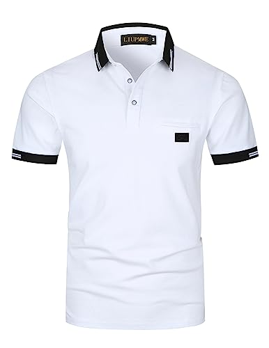 LIUPMWE Poloshirt Herren Kurzarm Polohemd Slim Fit Basic Golf Polo Baumwolle Männer T-Shirt Sommer,L,Weiß-39